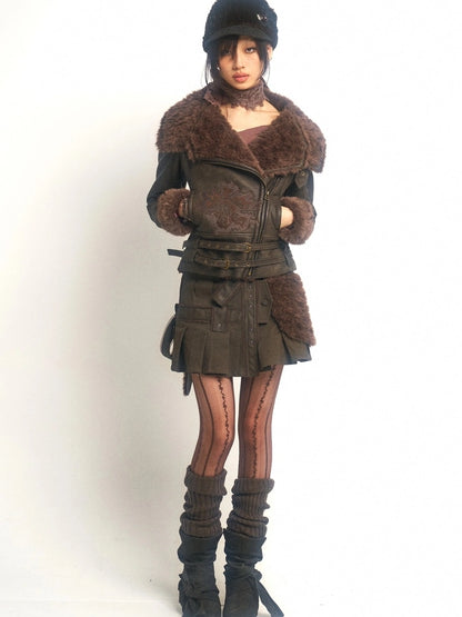 OPEN AESTHETIC Windproof Faux Fur Embroidered Slim Fit Cropped Zip Up Women Brown Jacket