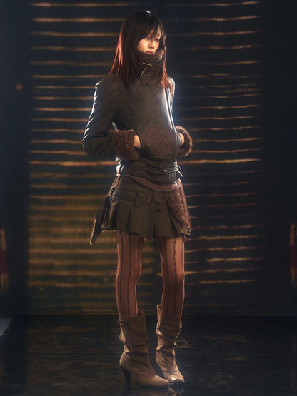 OPEN AESTHETIC Windproof Faux Fur Embroidered Slim Fit Cropped Zip Up Women Brown Jacket