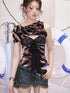 OPEN AESTHETIC Zebra Print Lace Patchwork Tie V-neckline Women&