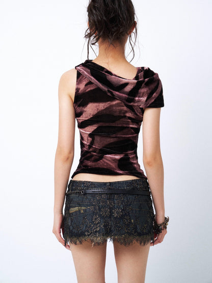 OPEN AESTHETIC Zebra Print Lace Patchwork Tie V-neckline Women&
