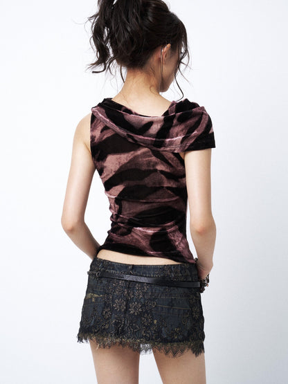 OPEN AESTHETIC Zebra Print Lace Patchwork Tie V-neckline Women&