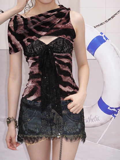 OPEN AESTHETIC Zebra Print Lace Patchwork Tie V-neckline Women&
