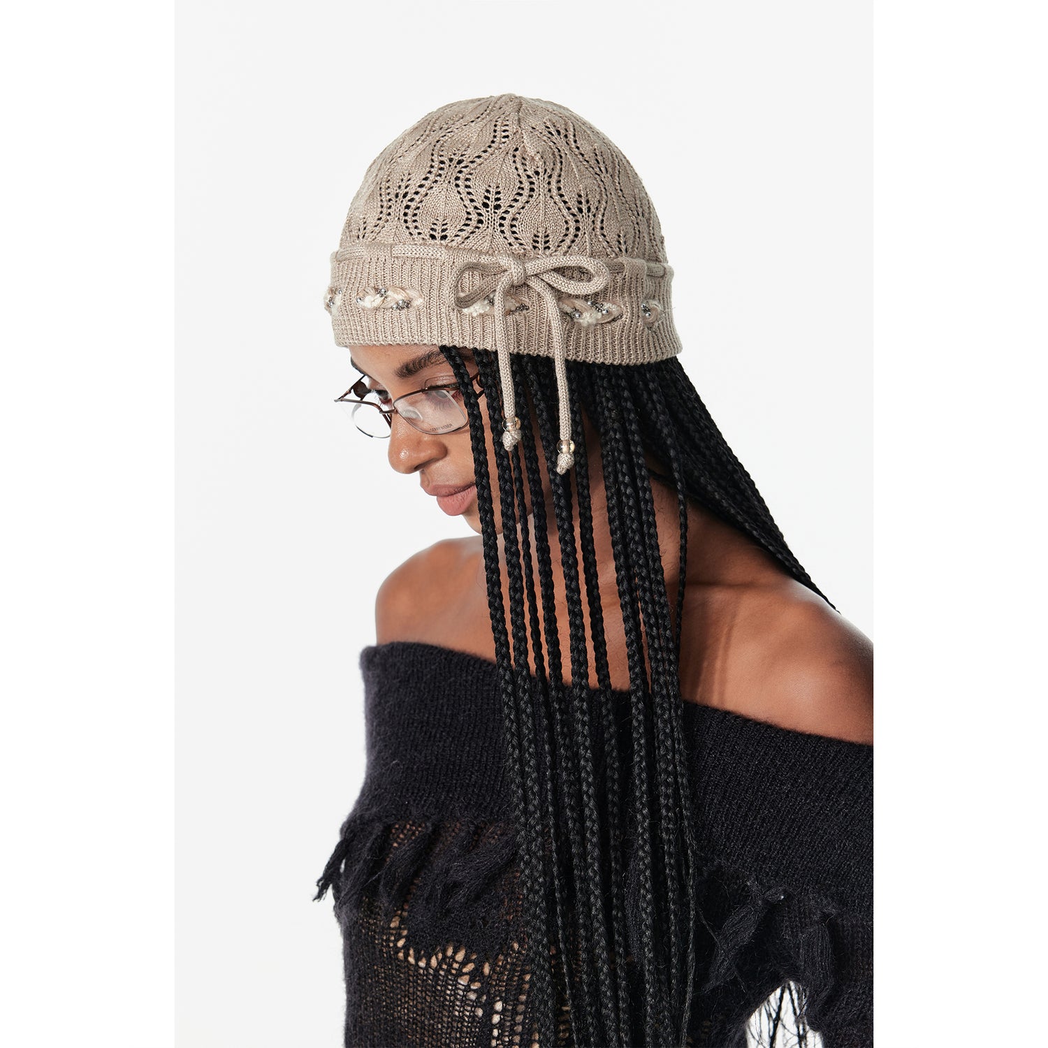 2th Desire Bow Knot Beaded Lace Up Hollow Knit Headband