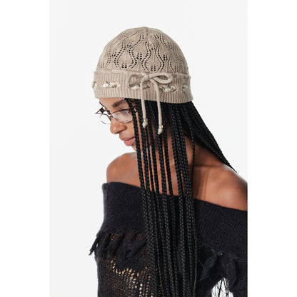 2th Desire Bow Knot Beaded Lace Up Hollow Knit Headband