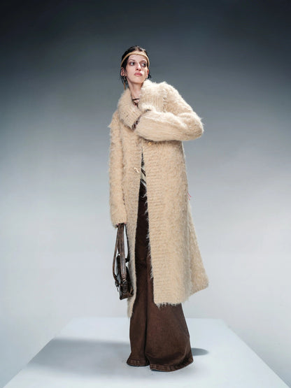 Long Knit Cardigan With Brushed Texture And Shawl Collar