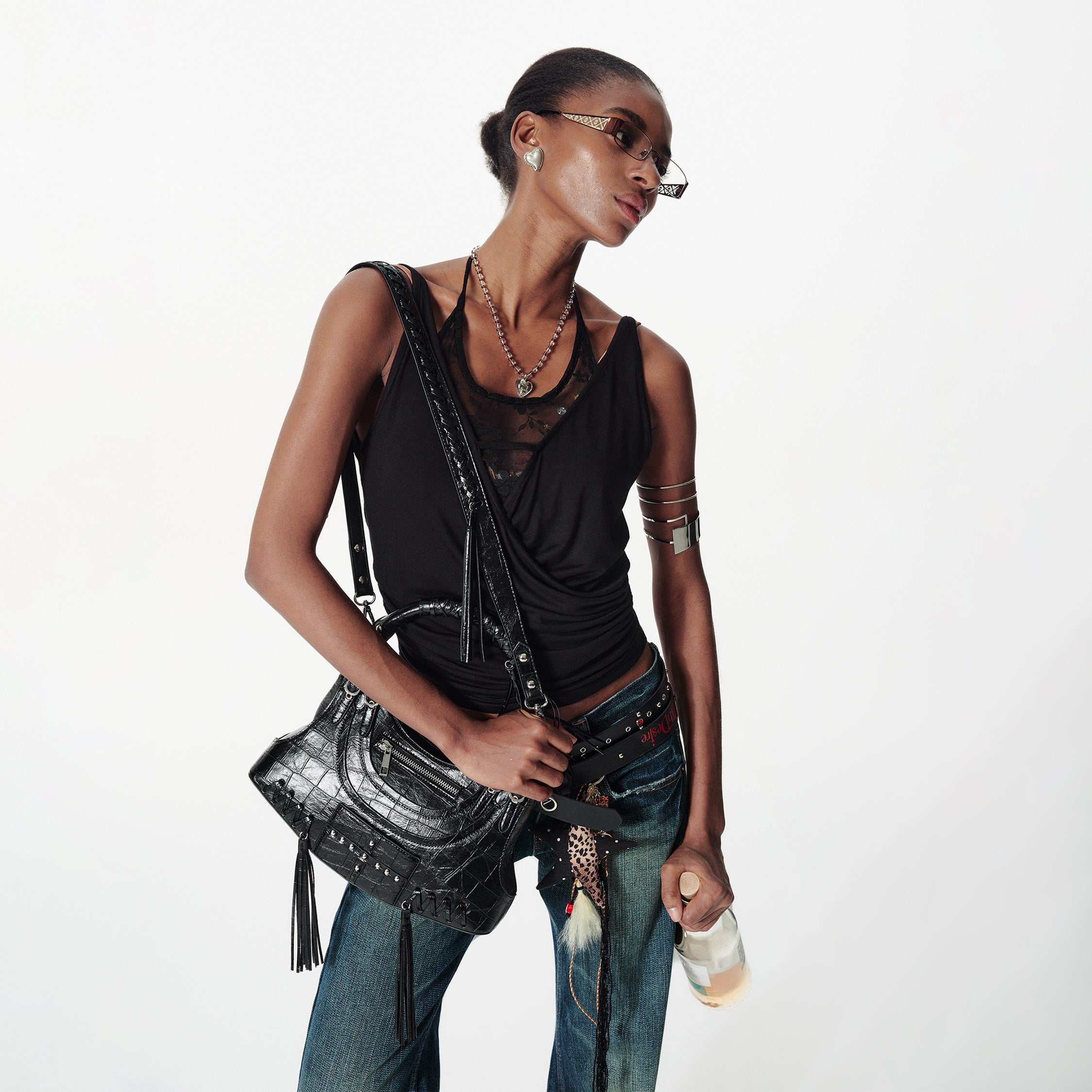 2th Desire Deconstructed Punk Studded Fringe Crossbody Bag Vintage Style