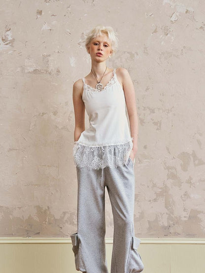 DIDDI MODA Ocean Flora Pearl Shell Tee Lace Trim Camisole Wide Leg Work Pants