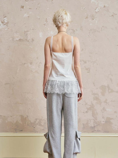 DIDDI MODA Ocean Flora Pearl Shell Tee Lace Trim Camisole Wide Leg Work Pants
