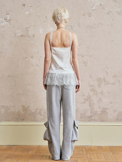 DIDDI MODA Ocean Flora Pearl Shell Tee Lace Trim Camisole Wide Leg Work Pants