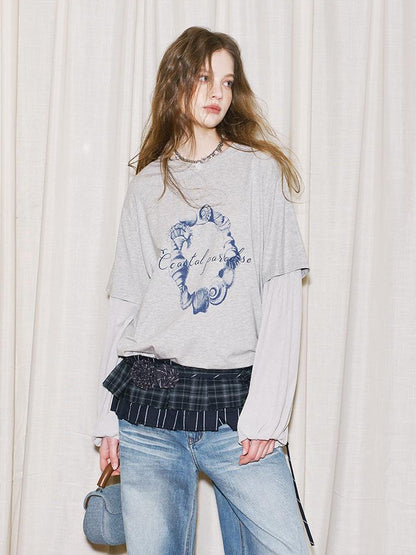 DIDDI MODA Ocean Shell Print Layered Loose Long Sleeve Tee