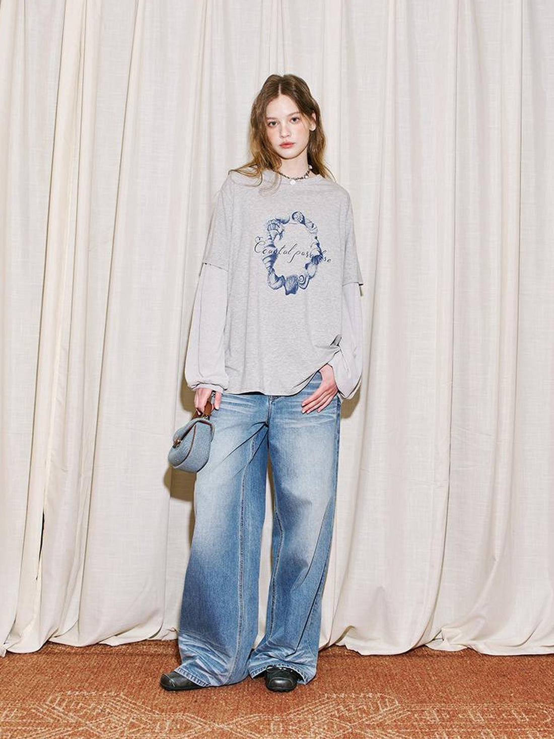 DIDDI MODA Ocean Shell Print Layered Loose Long Sleeve Tee