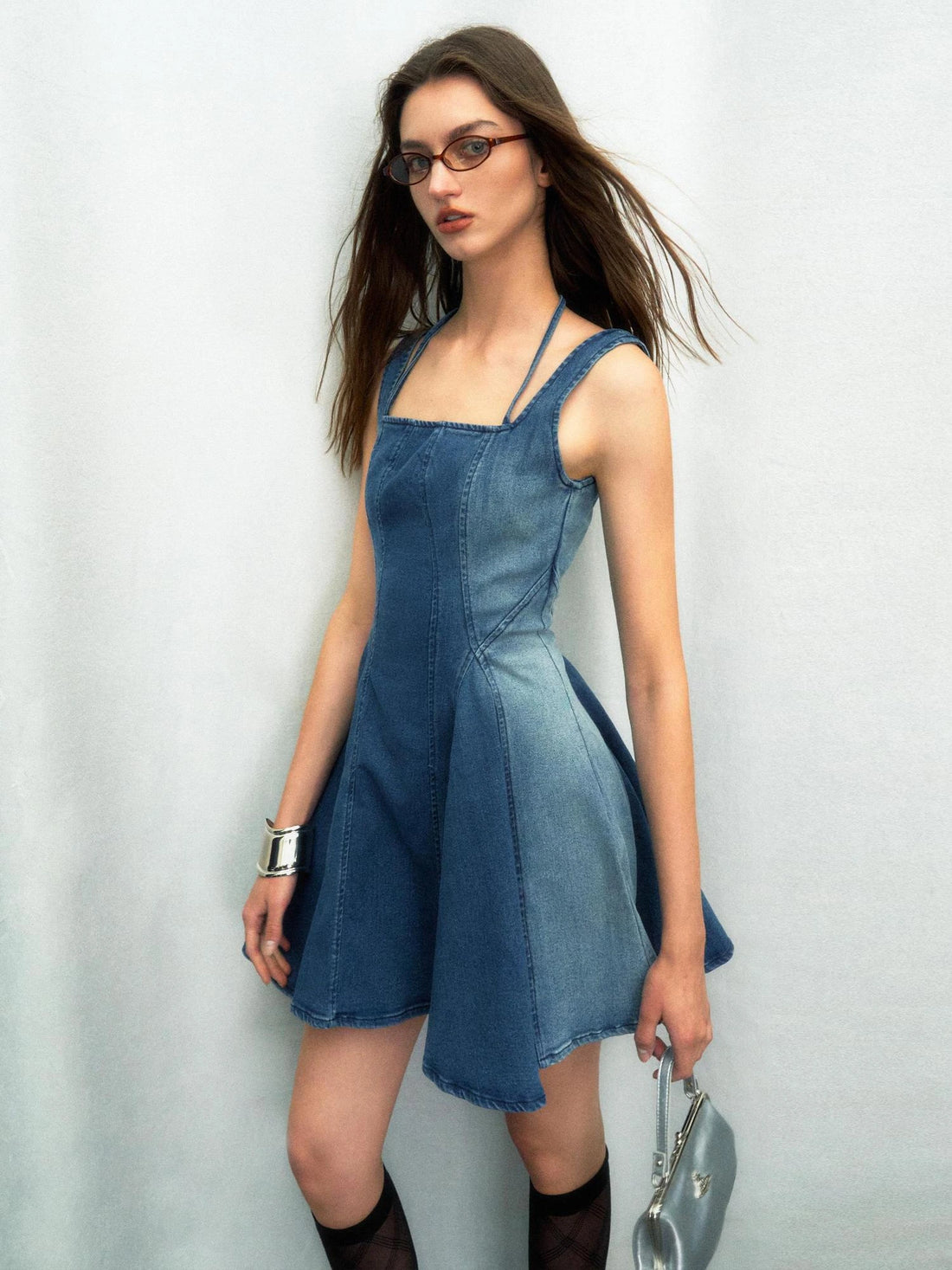 OfAkiva A Line Denim Dress High Waist Washed Stretch
