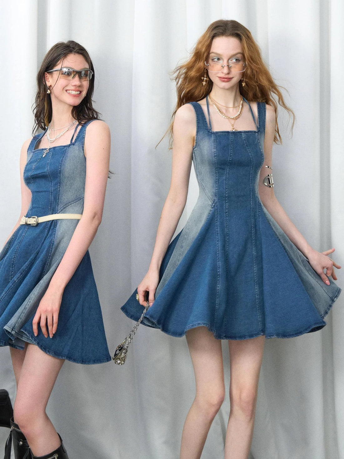 OfAkiva A Line Denim Dress High Waist Washed Stretch