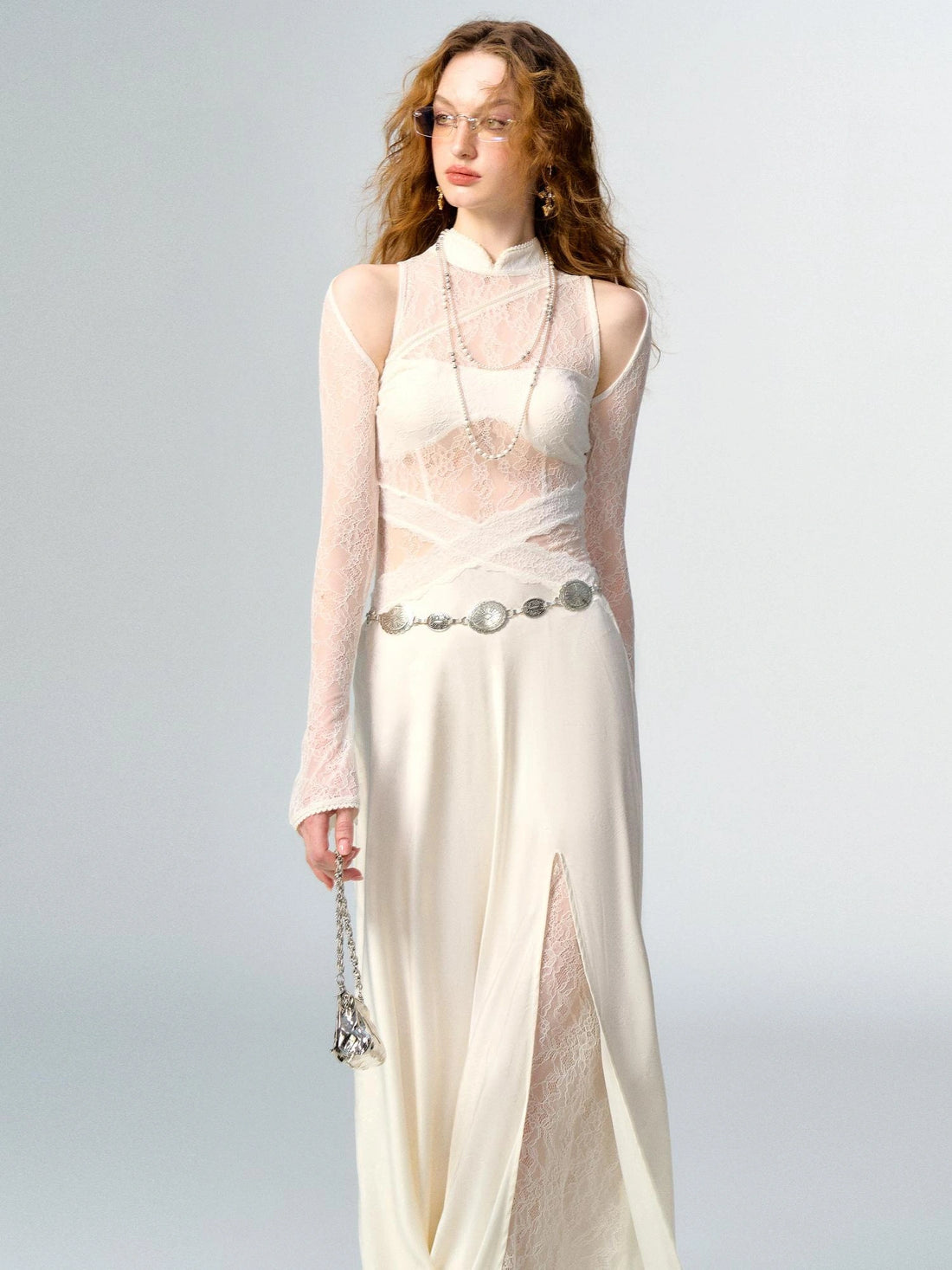 OfAkiva Agatha Lace Paneled Satin Slit Hem Midi Dress
