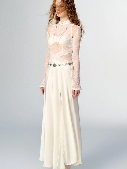 OfAkiva Agatha Lace Paneled Satin Slit Hem Midi Dress