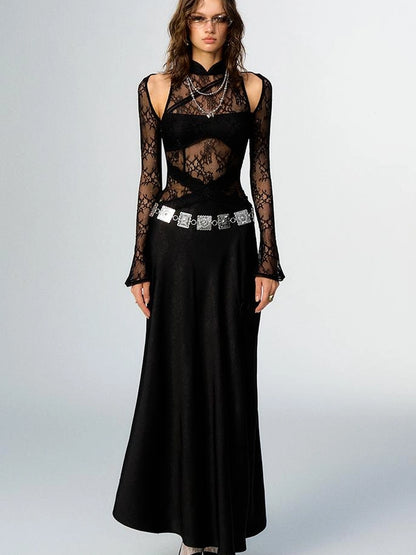 OfAkiva Agatha Lace Paneled Satin Slit Hem Midi Dress