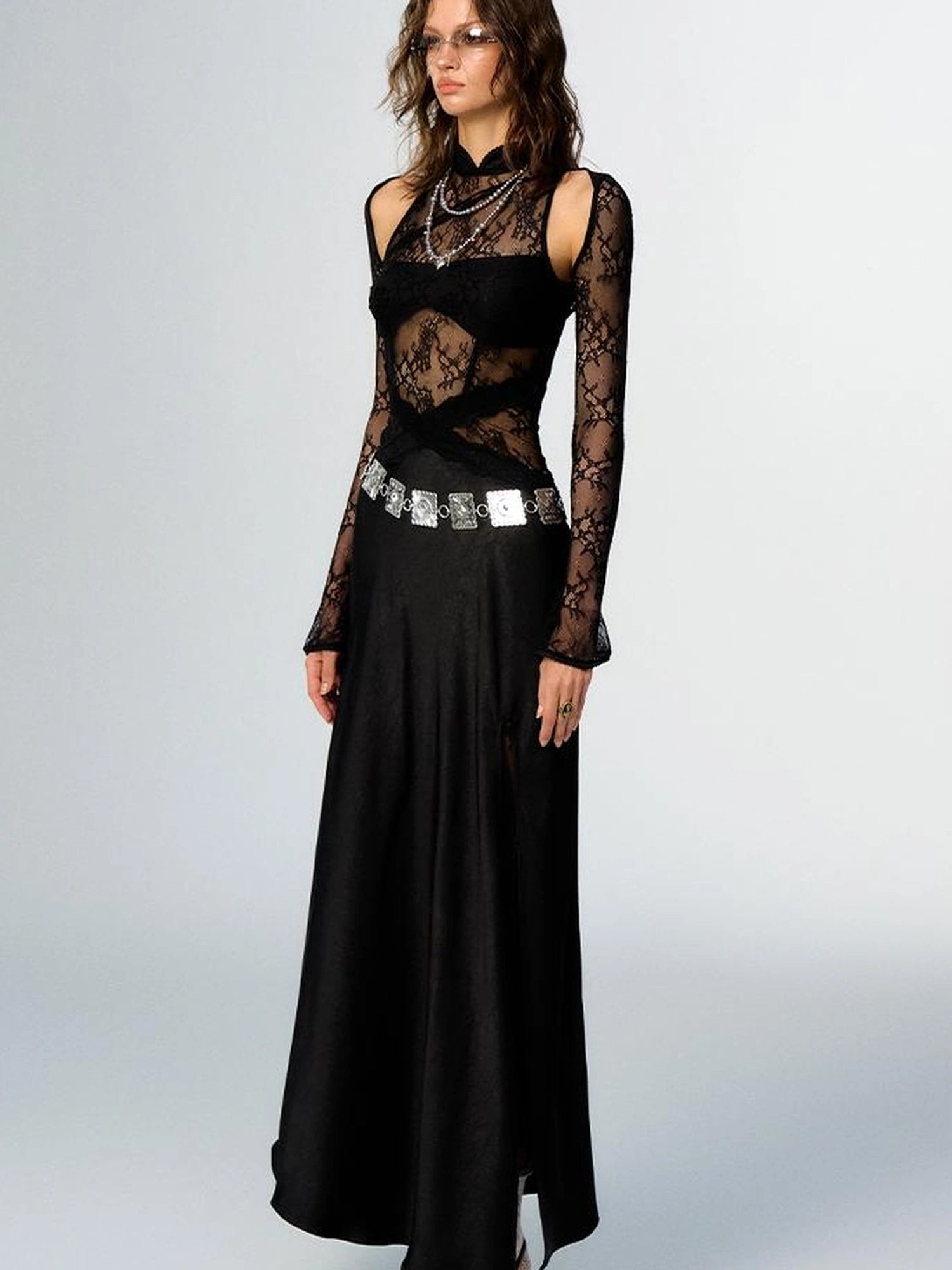 OfAkiva Agatha Lace Paneled Satin Slit Hem Midi Dress