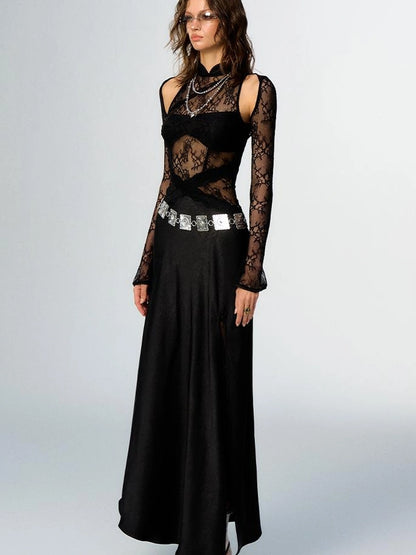 OfAkiva Agatha Lace Paneled Satin Slit Hem Midi Dress