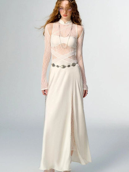 OfAkiva Agatha Lace Paneled Satin Slit Hem Midi Dress