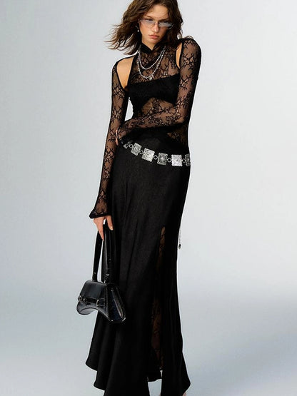 OfAkiva Agatha Lace Paneled Satin Slit Hem Midi Dress