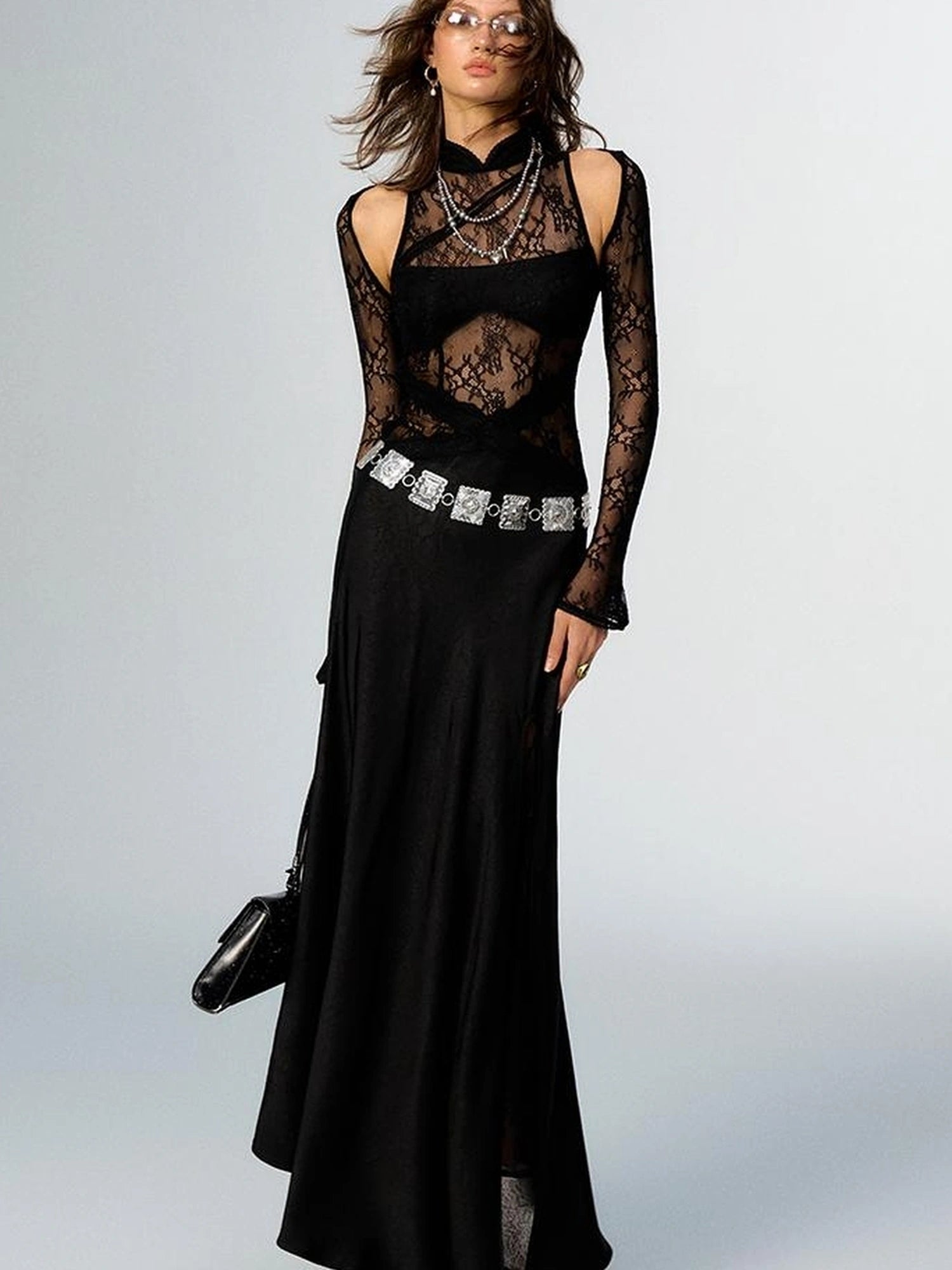 OfAkiva Agatha Lace Paneled Satin Slit Hem Midi Dress