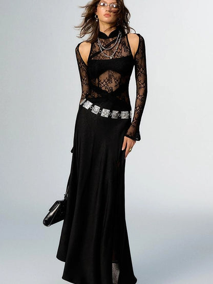 OfAkiva Agatha Lace Paneled Satin Slit Hem Midi Dress