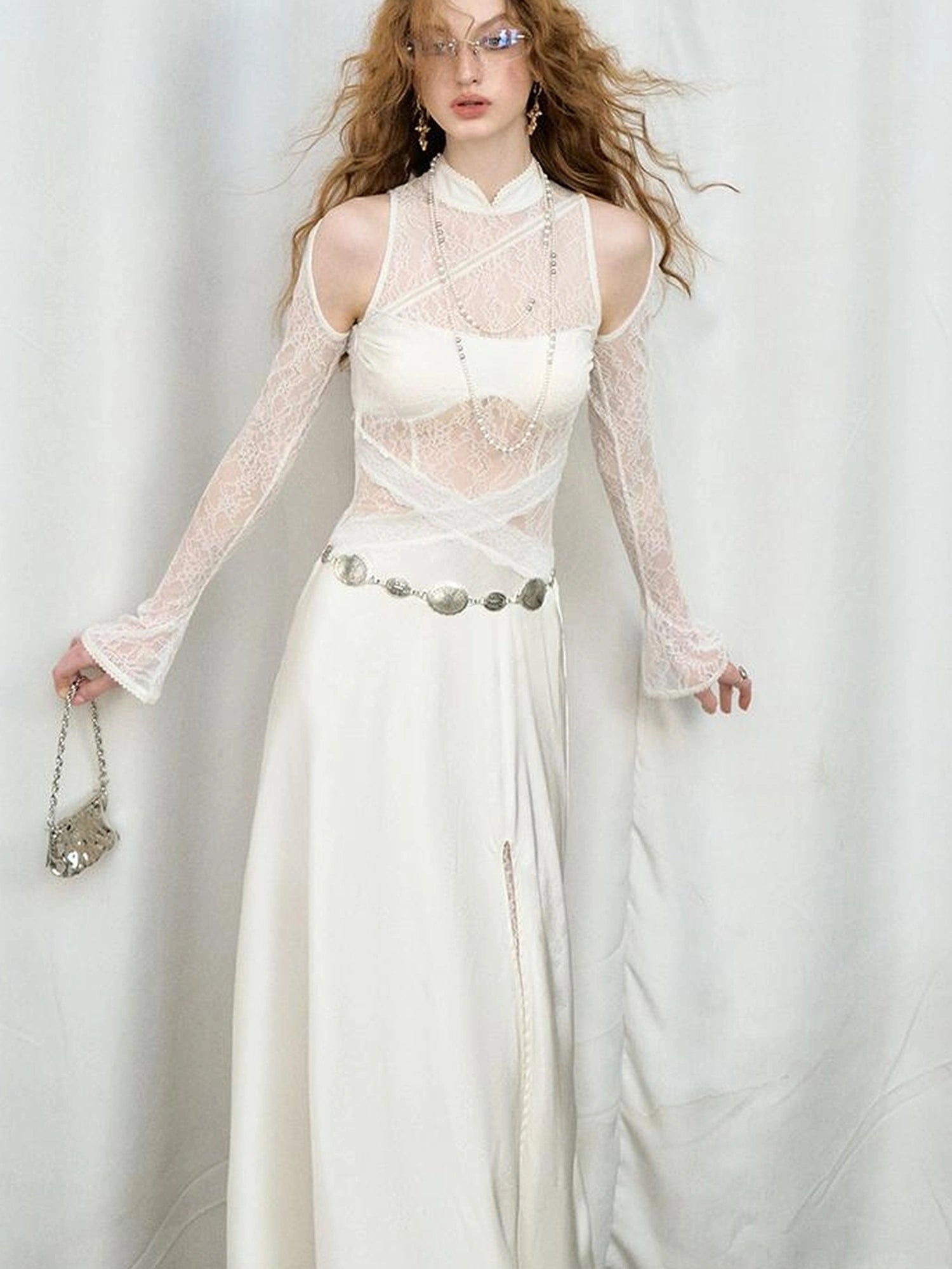 OfAkiva Agatha Lace Paneled Satin Slit Hem Midi Dress