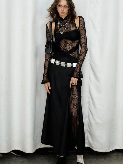 OfAkiva Agatha Lace Paneled Satin Slit Hem Midi Dress