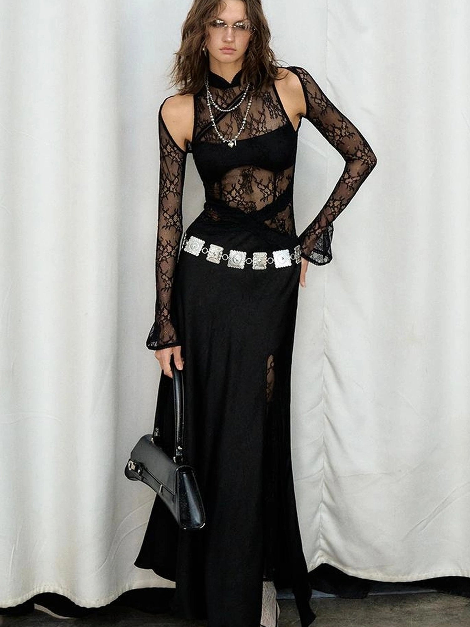 OfAkiva Agatha Lace Paneled Satin Slit Hem Midi Dress