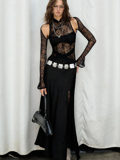 OfAkiva Agatha Lace Paneled Satin Slit Hem Midi Dress