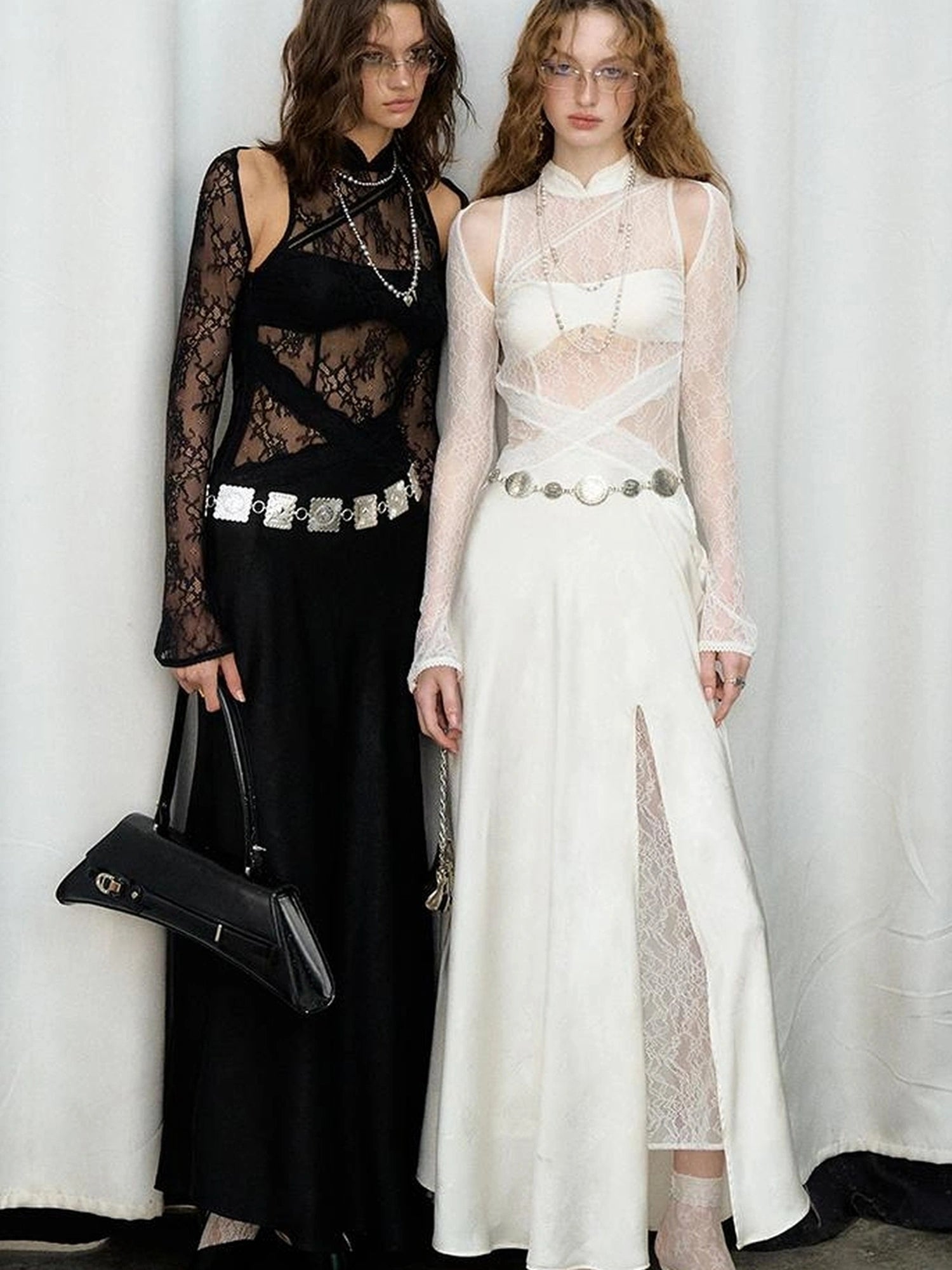 OfAkiva Agatha Lace Paneled Satin Slit Hem Midi Dress