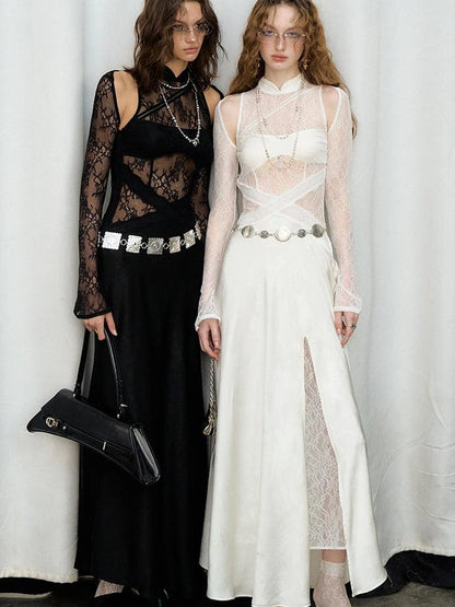 OfAkiva Agatha Lace Paneled Satin Slit Hem Midi Dress