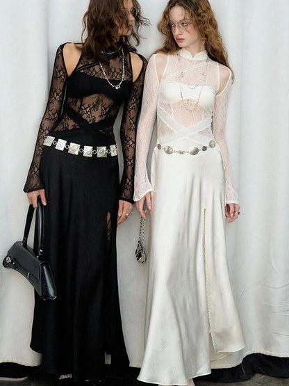 OfAkiva Agatha Lace Paneled Satin Slit Hem Midi Dress