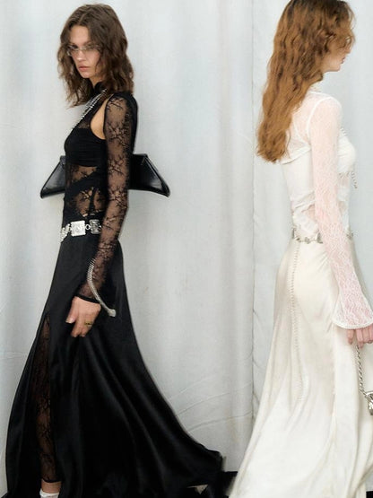 OfAkiva Agatha Lace Paneled Satin Slit Hem Midi Dress