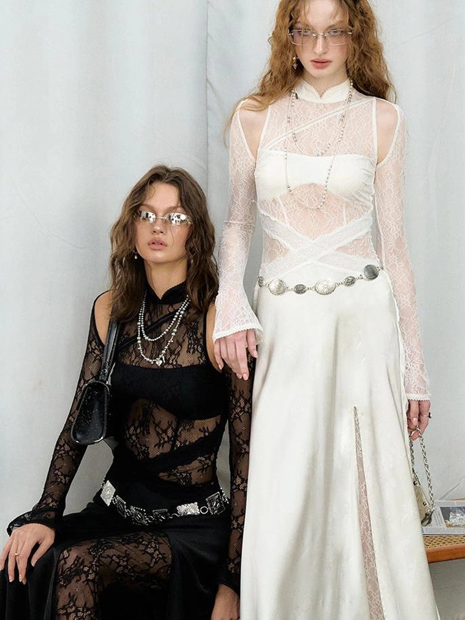 OfAkiva Agatha Lace Paneled Satin Slit Hem Midi Dress