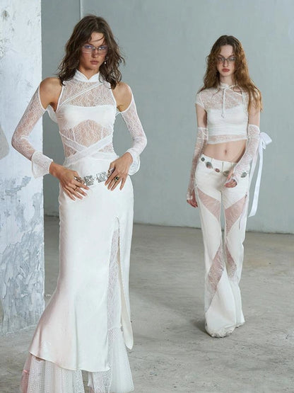 OfAkiva Agatha Lace Paneled Satin Slit Hem Midi Dress