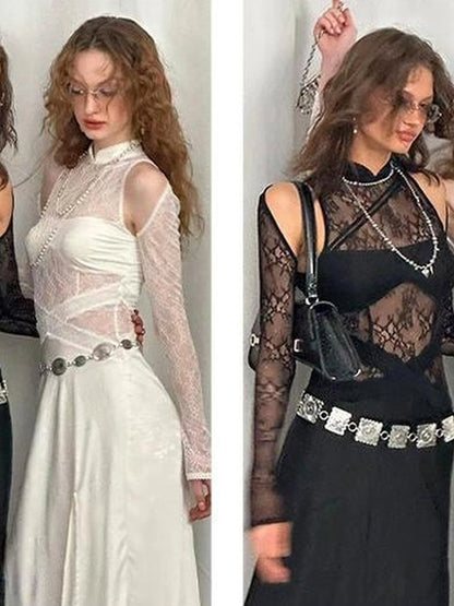 OfAkiva Agatha Lace Paneled Satin Slit Hem Midi Dress