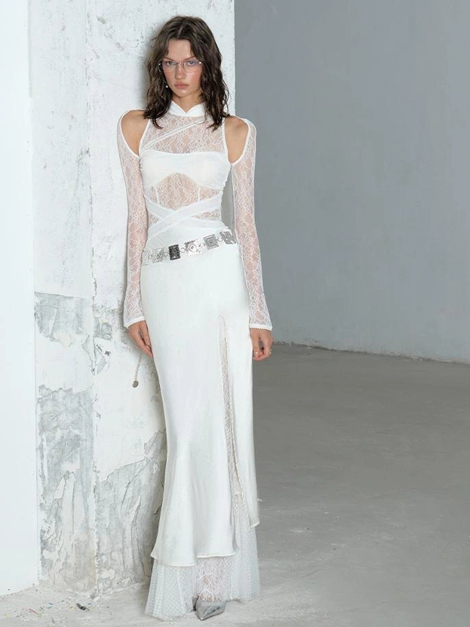 OfAkiva Agatha Lace Paneled Satin Slit Hem Midi Dress