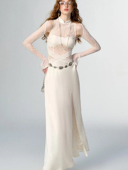 OfAkiva Agatha Lace Paneled Satin Slit Hem Midi Dress