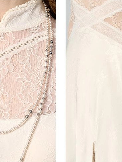 OfAkiva Agatha Lace Paneled Satin Slit Hem Midi Dress