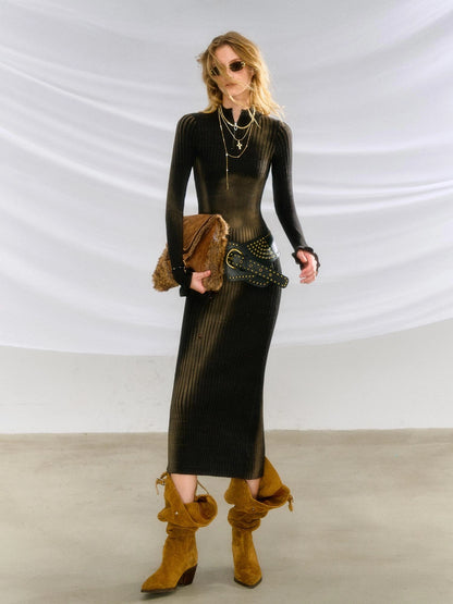 OfAkiva Akiva Abstract Print Knit Dress V-neck T-shirt Long Sleeve