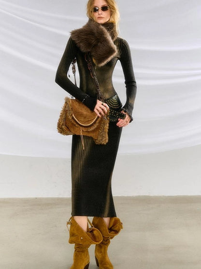 OfAkiva Akiva Abstract Print Knit Dress V-neck T-shirt Long Sleeve