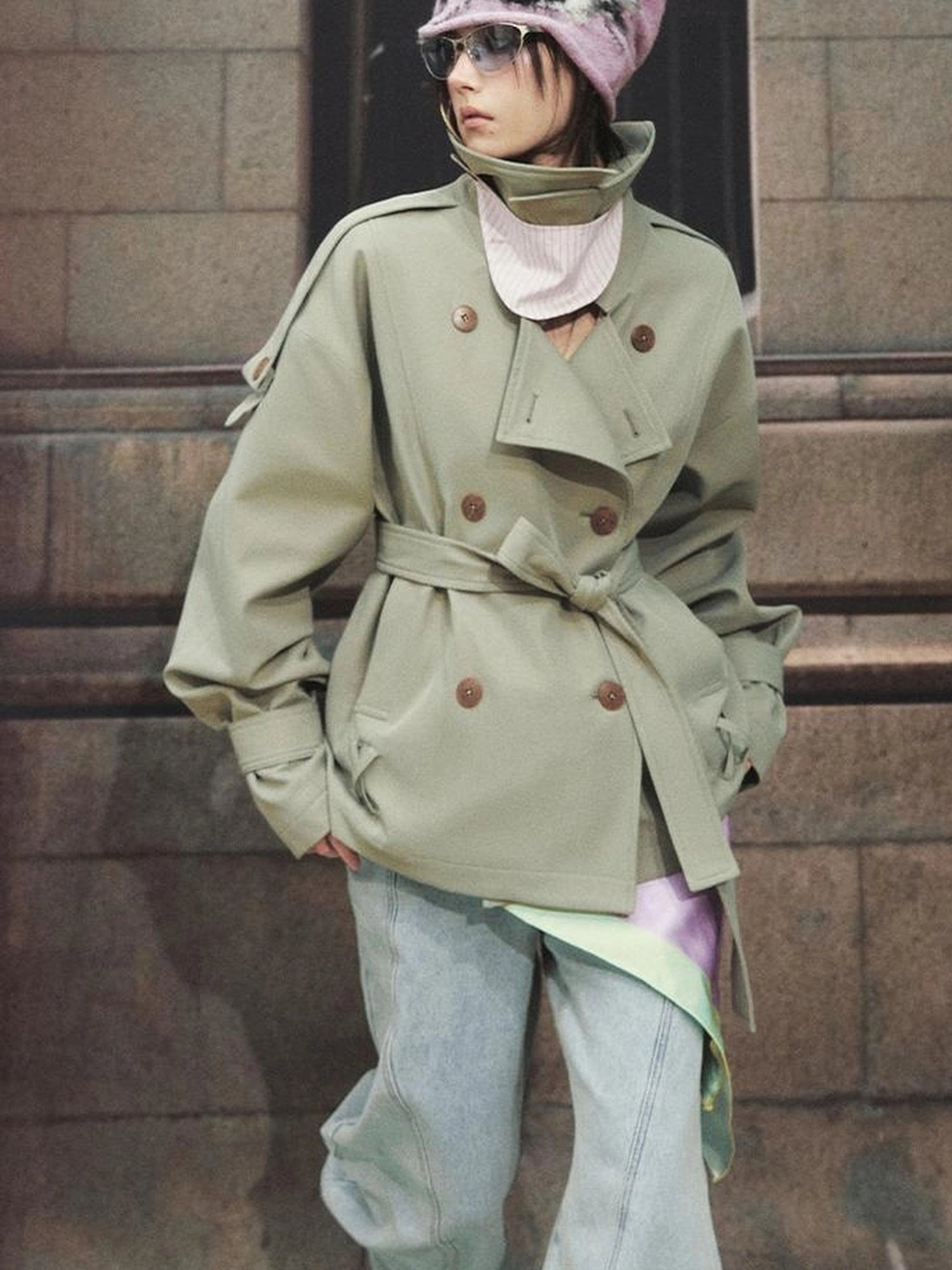 OfAkiva Akiva Casablanca Double Breasted Short Trench Coat