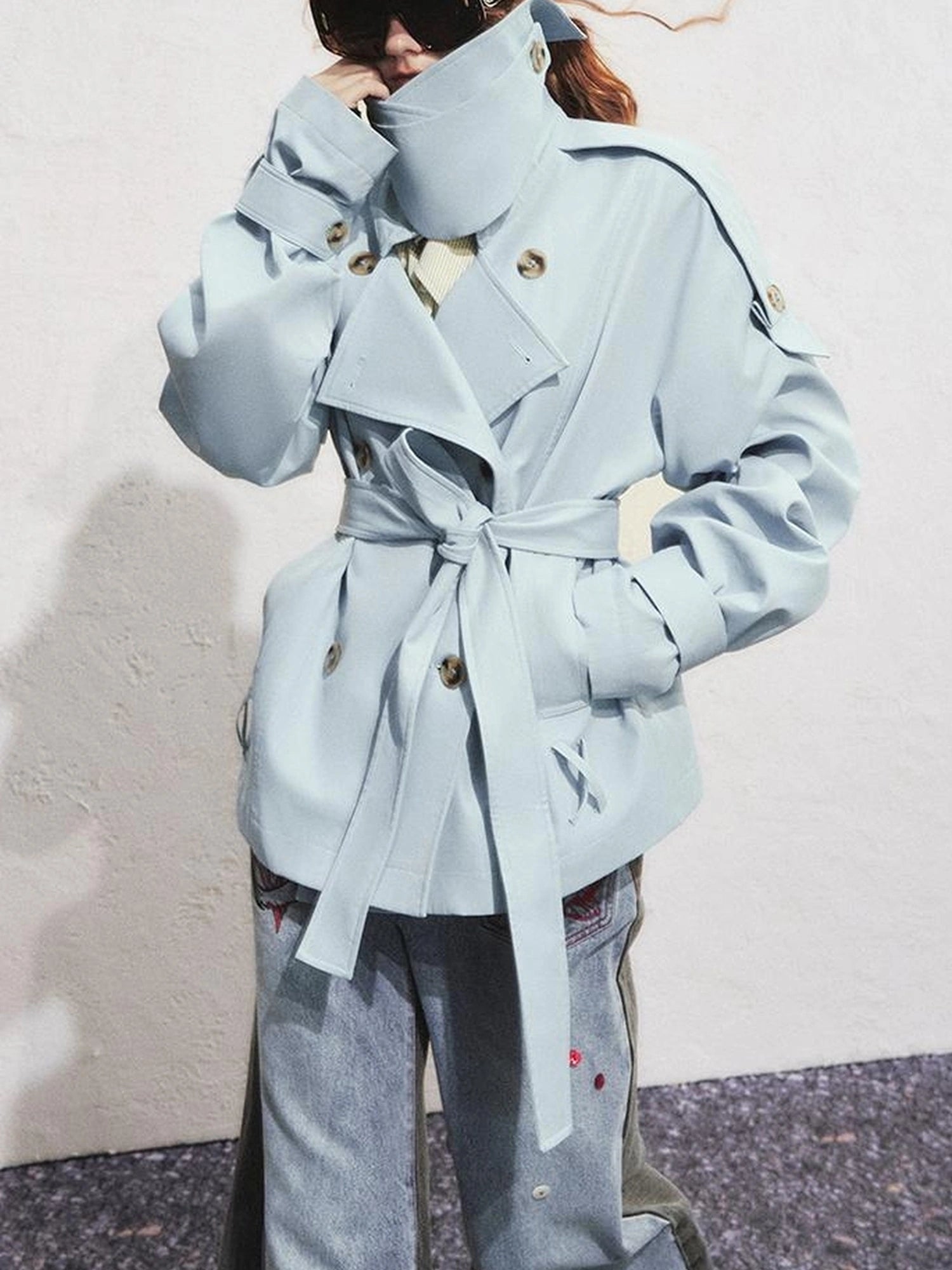 OfAkiva Akiva Casablanca Double Breasted Short Trench Coat