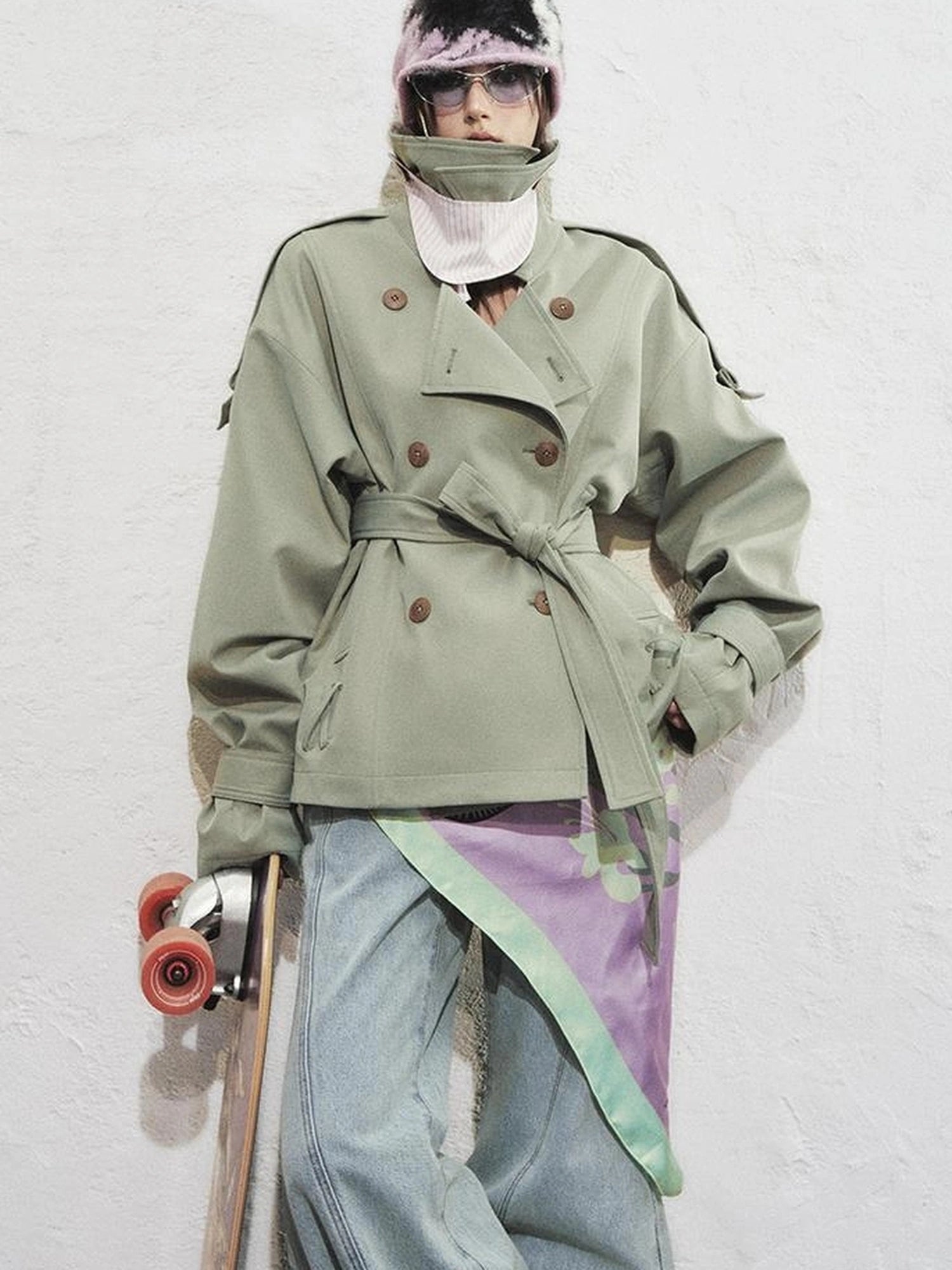 OfAkiva Akiva Casablanca Double Breasted Short Trench Coat