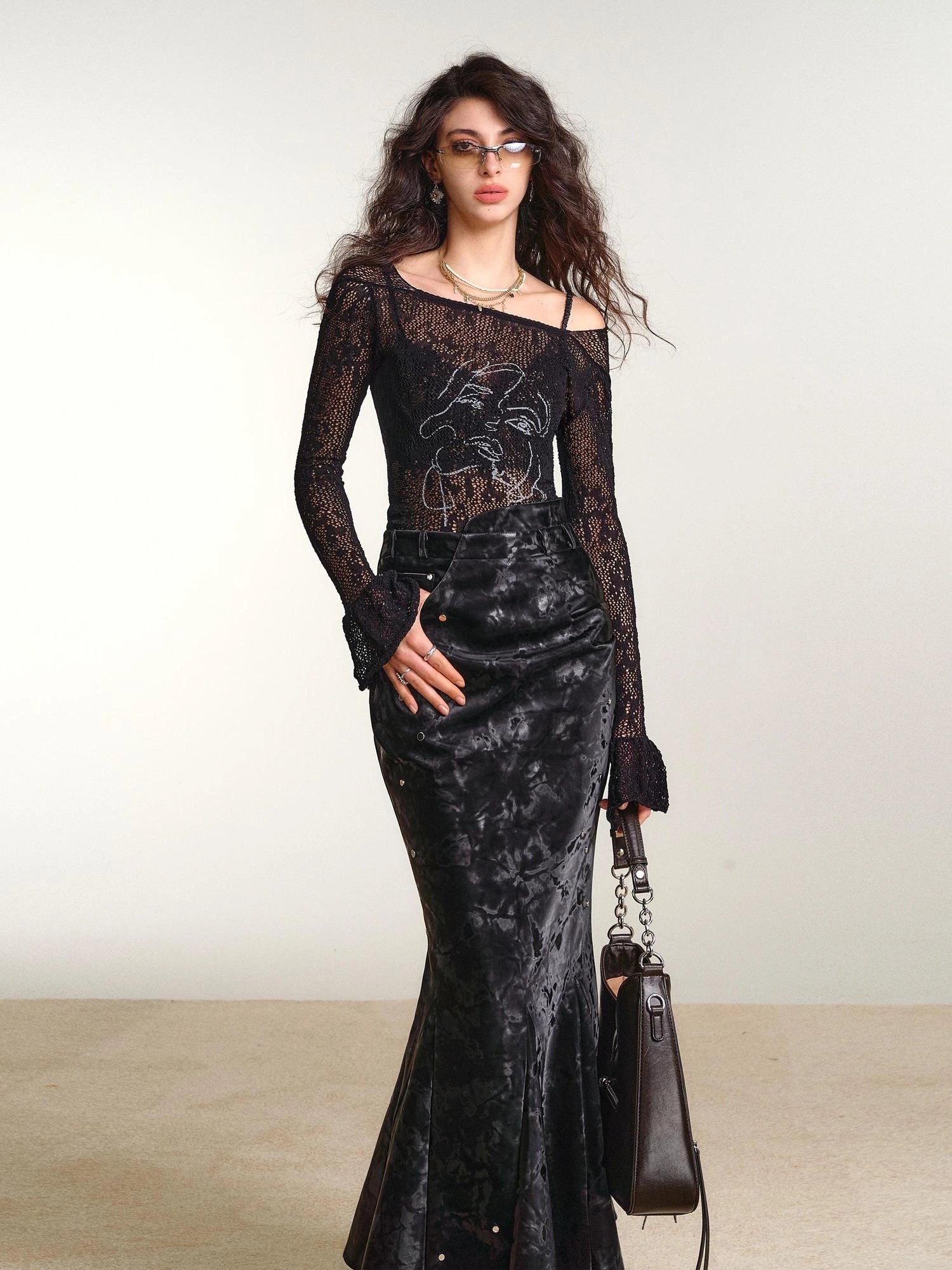 OfAkiva Akiva Chant Sheer Lace Knit Flare Sleeve Top