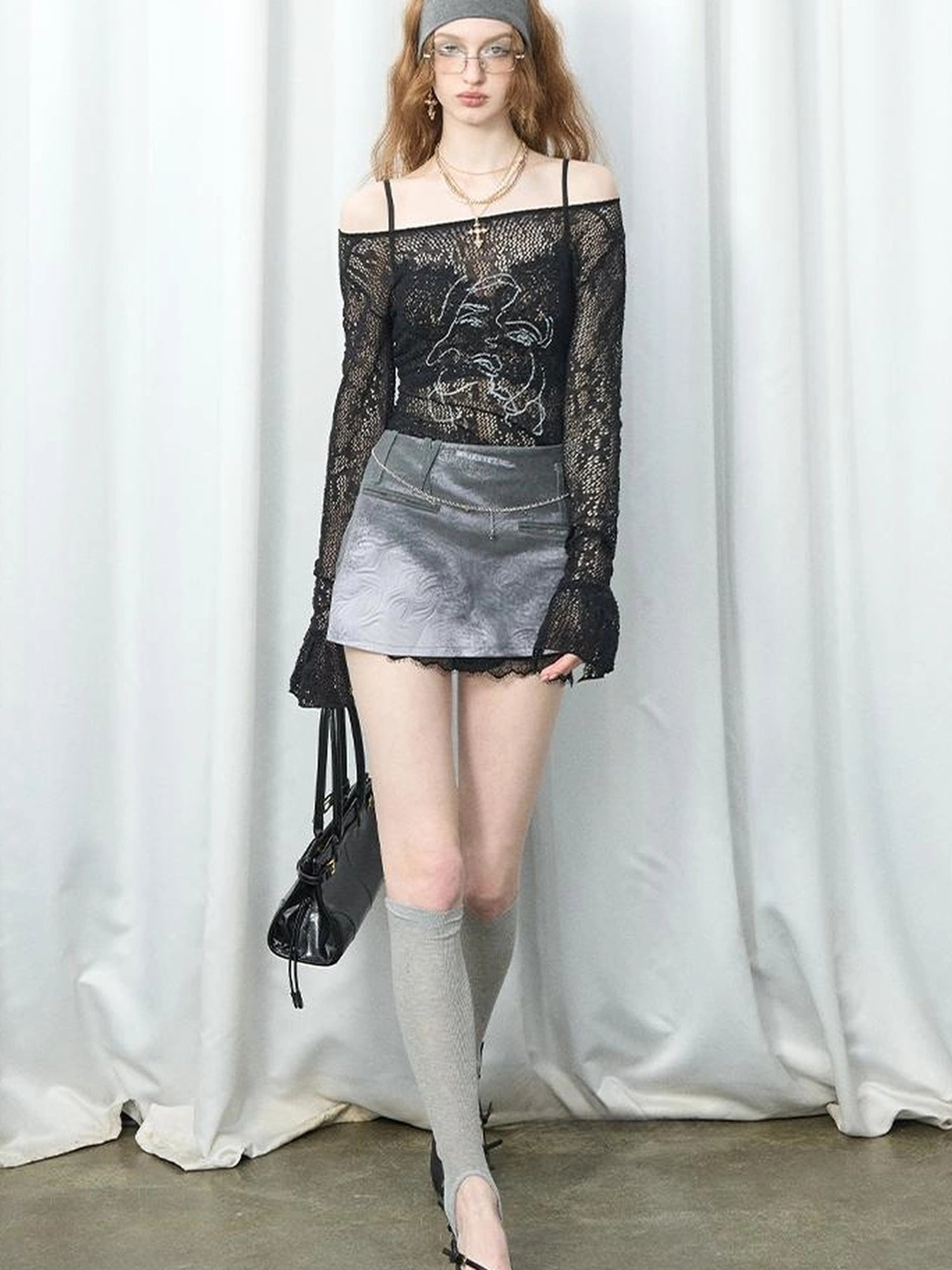 OfAkiva Akiva Chant Sheer Lace Knit Flare Sleeve Top