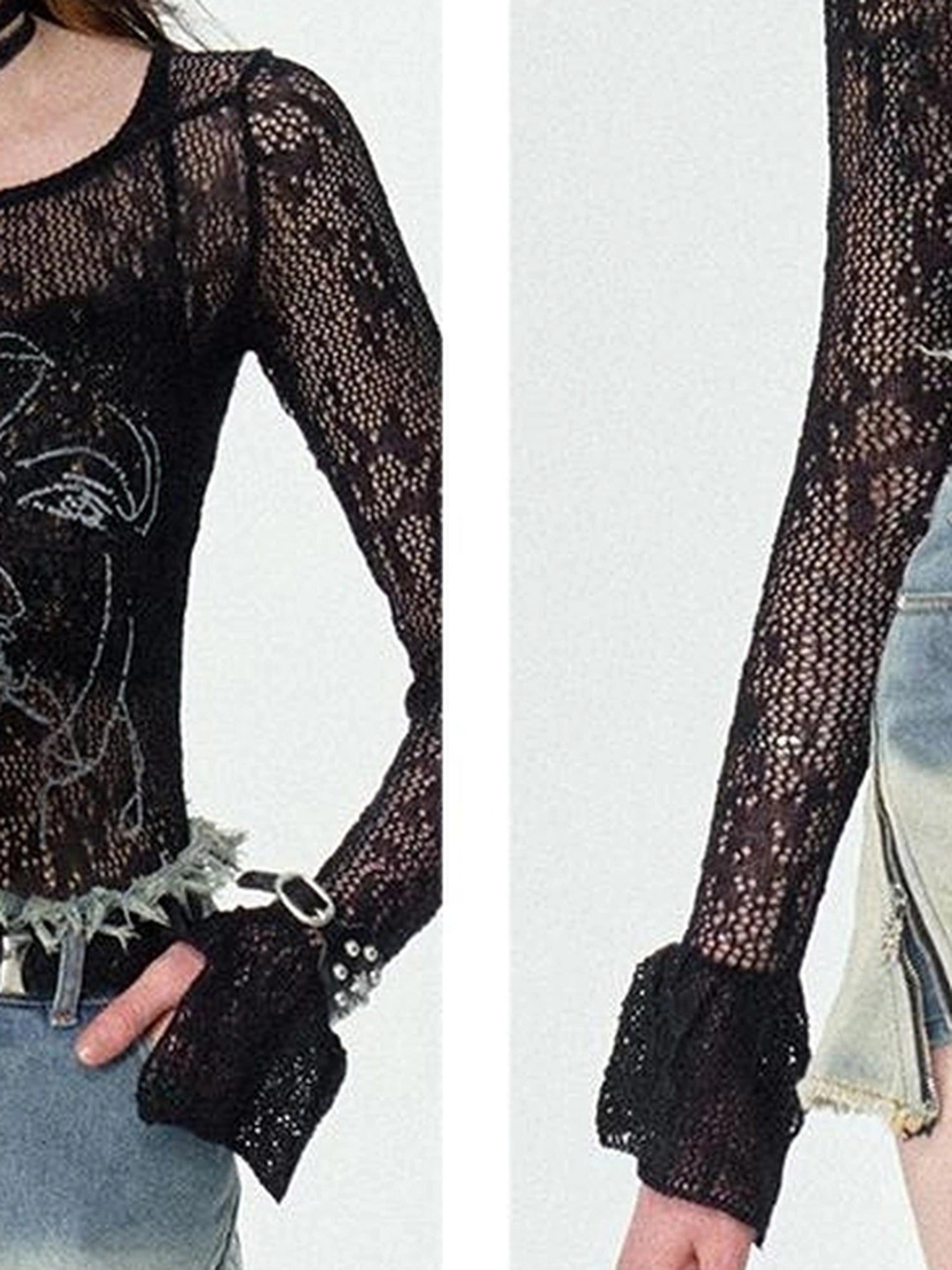 OfAkiva Akiva Chant Sheer Lace Knit Flare Sleeve Top