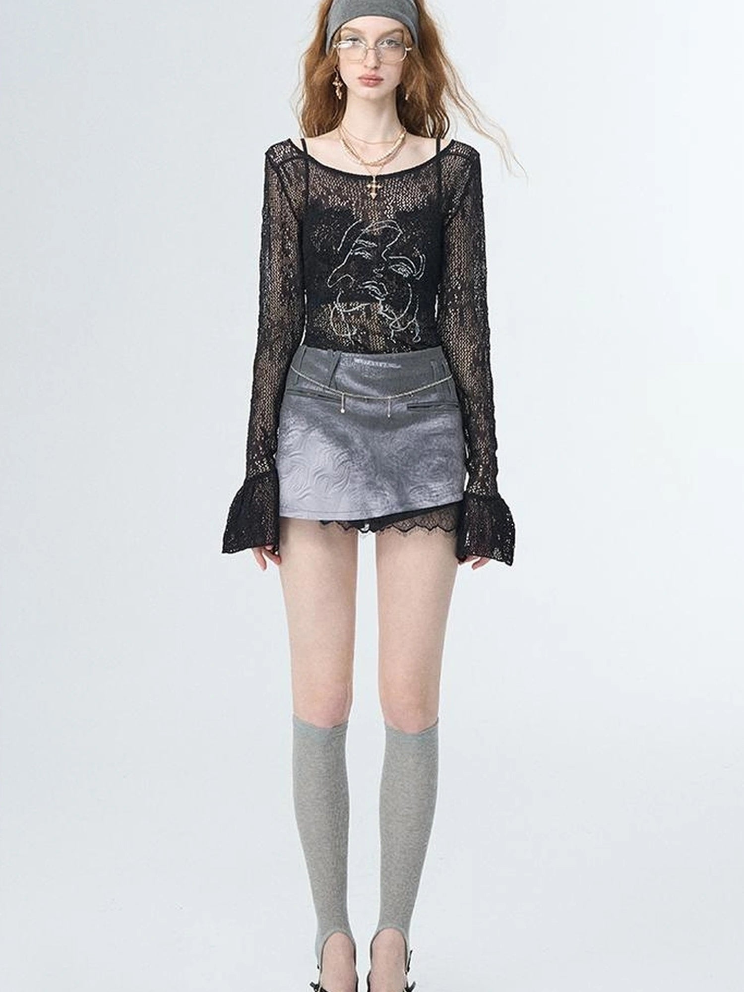 OfAkiva Akiva Chant Sheer Lace Knit Flare Sleeve Top