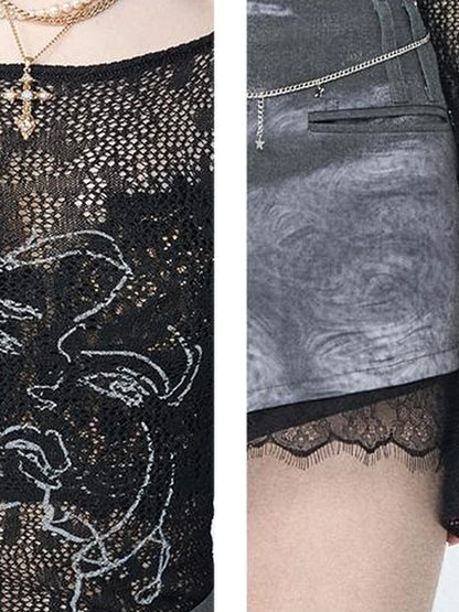 OfAkiva Akiva Chant Sheer Lace Knit Flare Sleeve Top